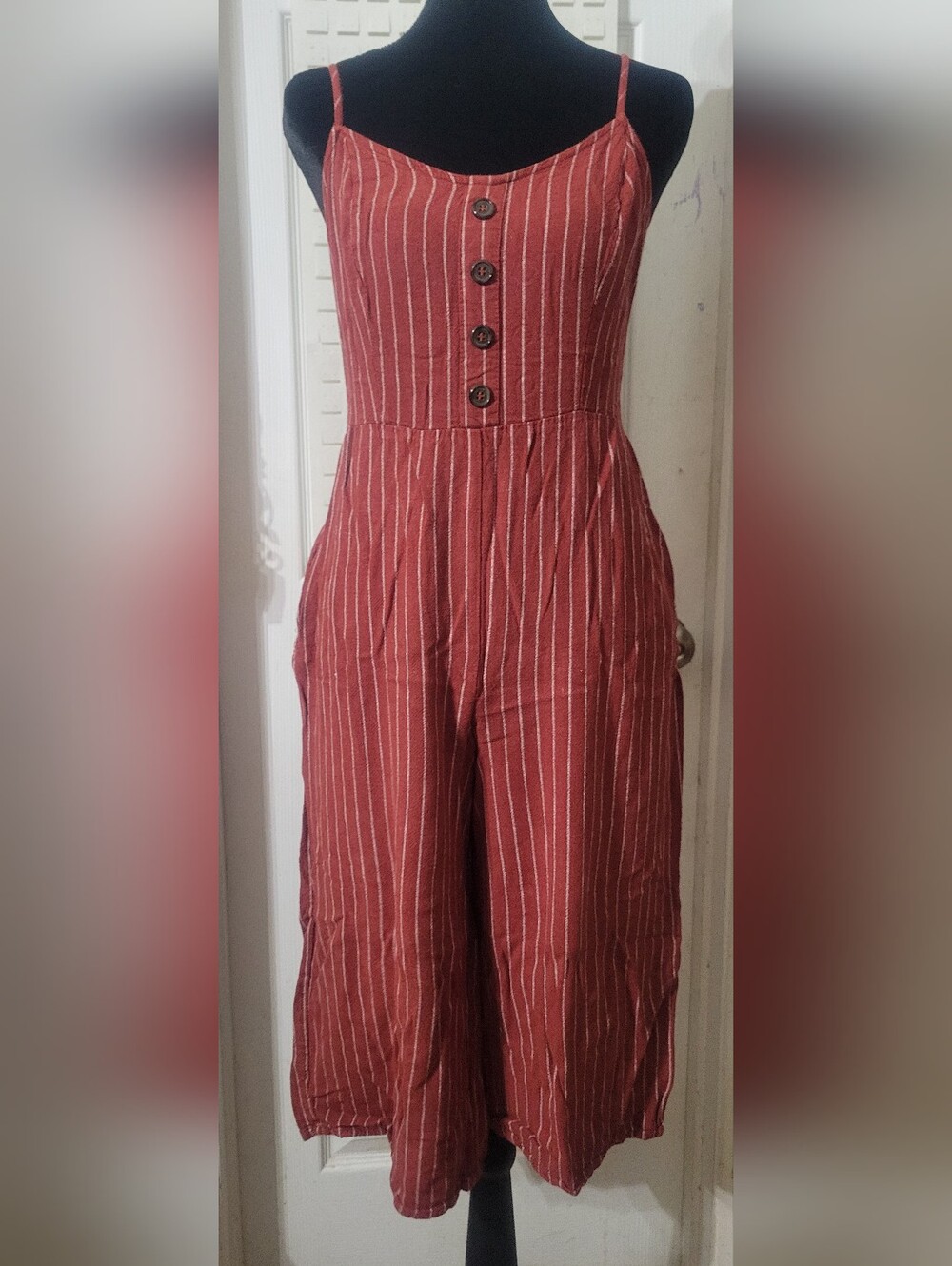 Striped Sleeveless Wide-Leg Jumpsuit in Rust